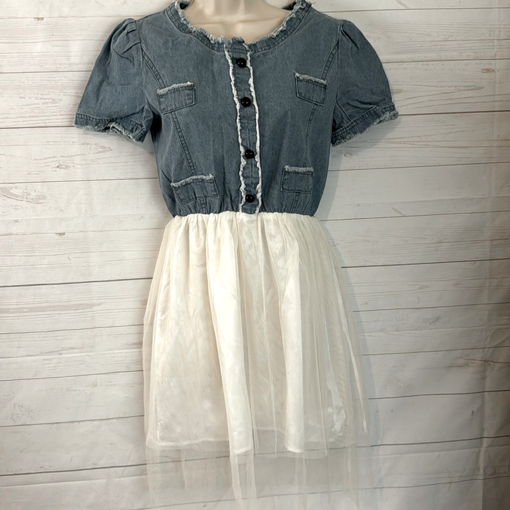 Man Li Shang Size Medium Chambray & Tule Raw Edge style Dress coquette girl